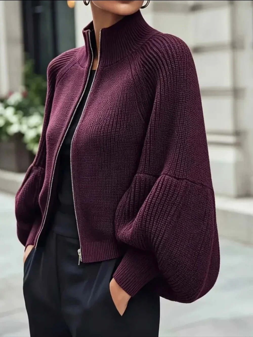 Autumn/Winter Fabric Cropped Zip-Front Cardigan, Featuring a High Stand-up